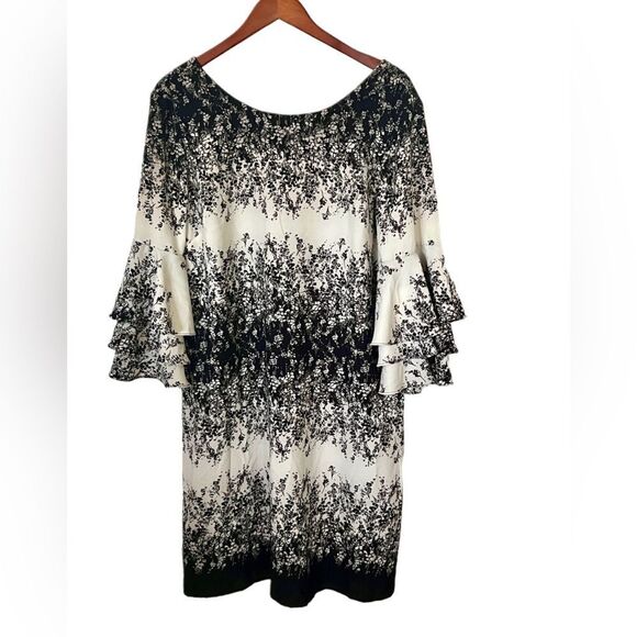 Leslie Fay Black and and Ivory Printed with 3/4 Tiered Bell Sleeve Mini Dress - Picture 3 of 5
